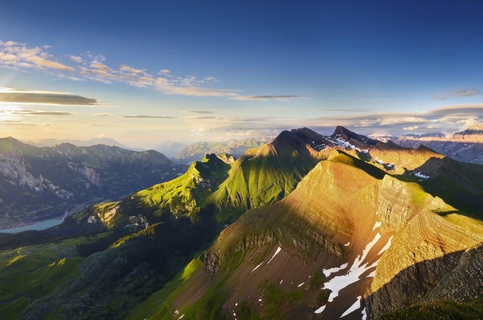 Mountain Panorama in the Swiss Alps at Sunset.