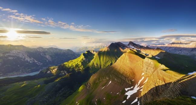 Mountain Panorama in the Swiss Alps at Sunset.