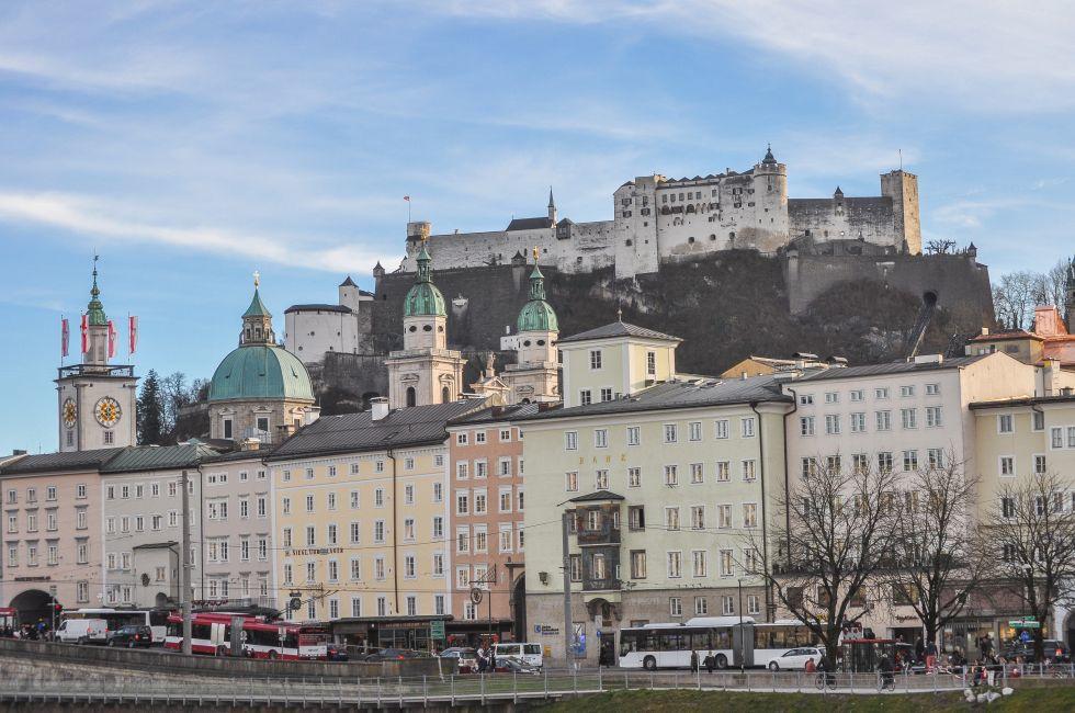 SALZBURG , AUSTRIA - 24 DECEMBER 2013 : Close up view of Hohensalzburg fortress from the opposite of old town in the afternoon. 
